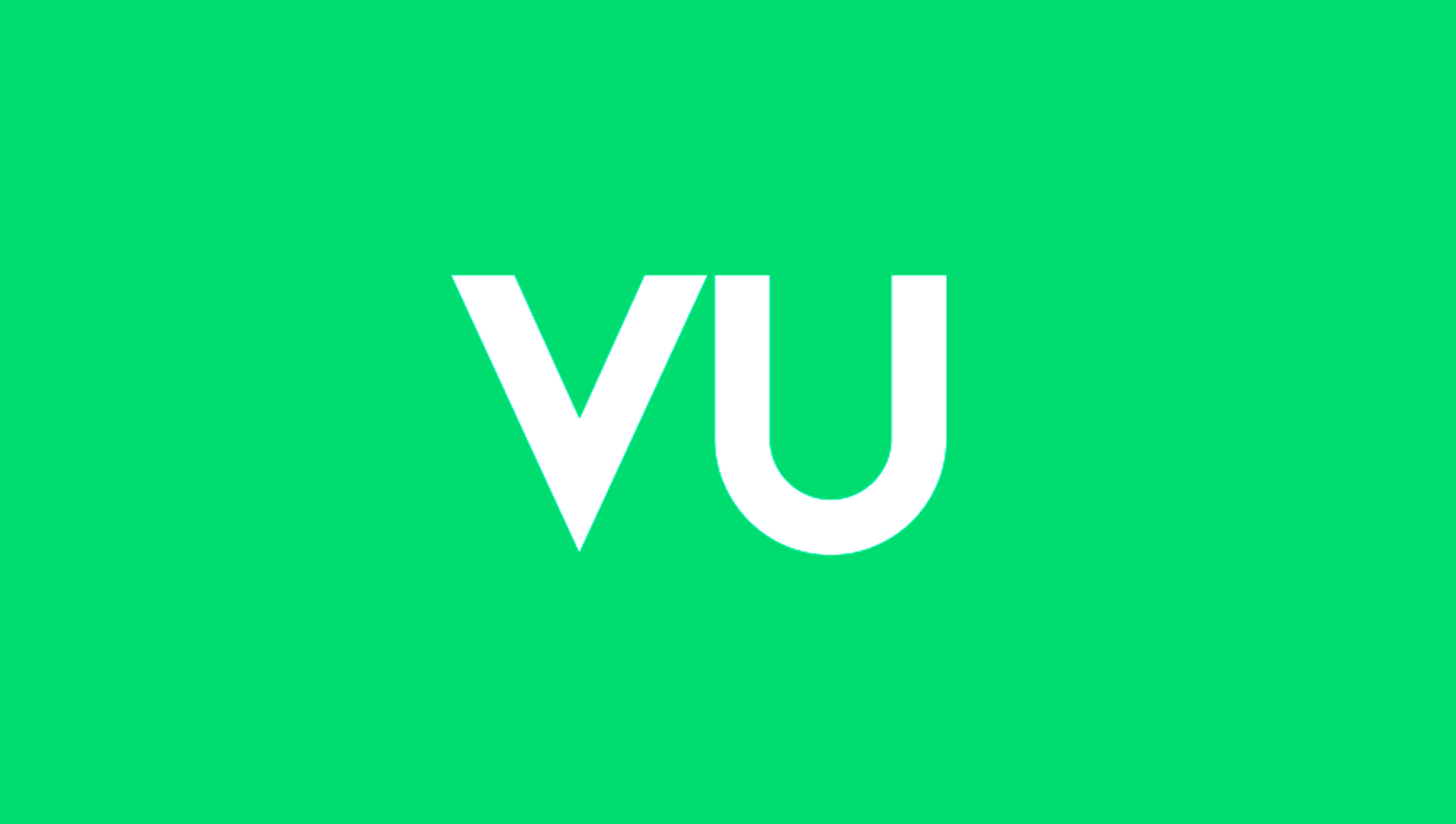 Logo blanc "VU" sur un fond vert