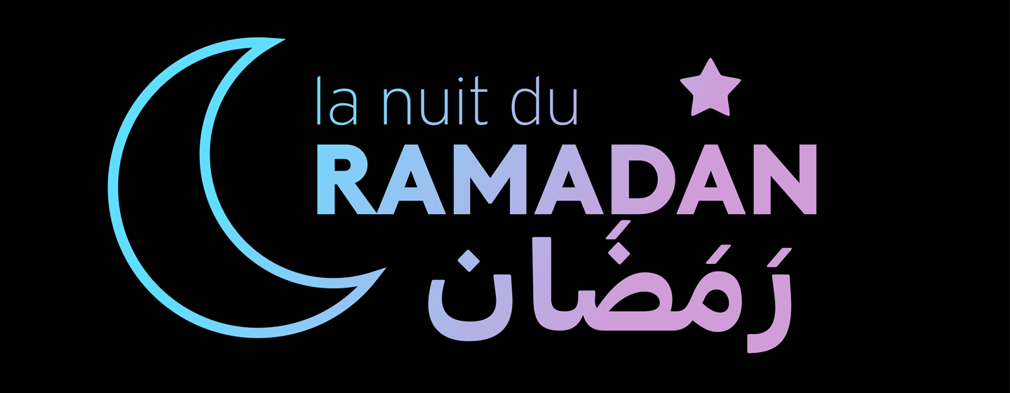 Fond noir avec logo de la Nuit du Ramadan. En bleu et rose, avec lune et étoile.