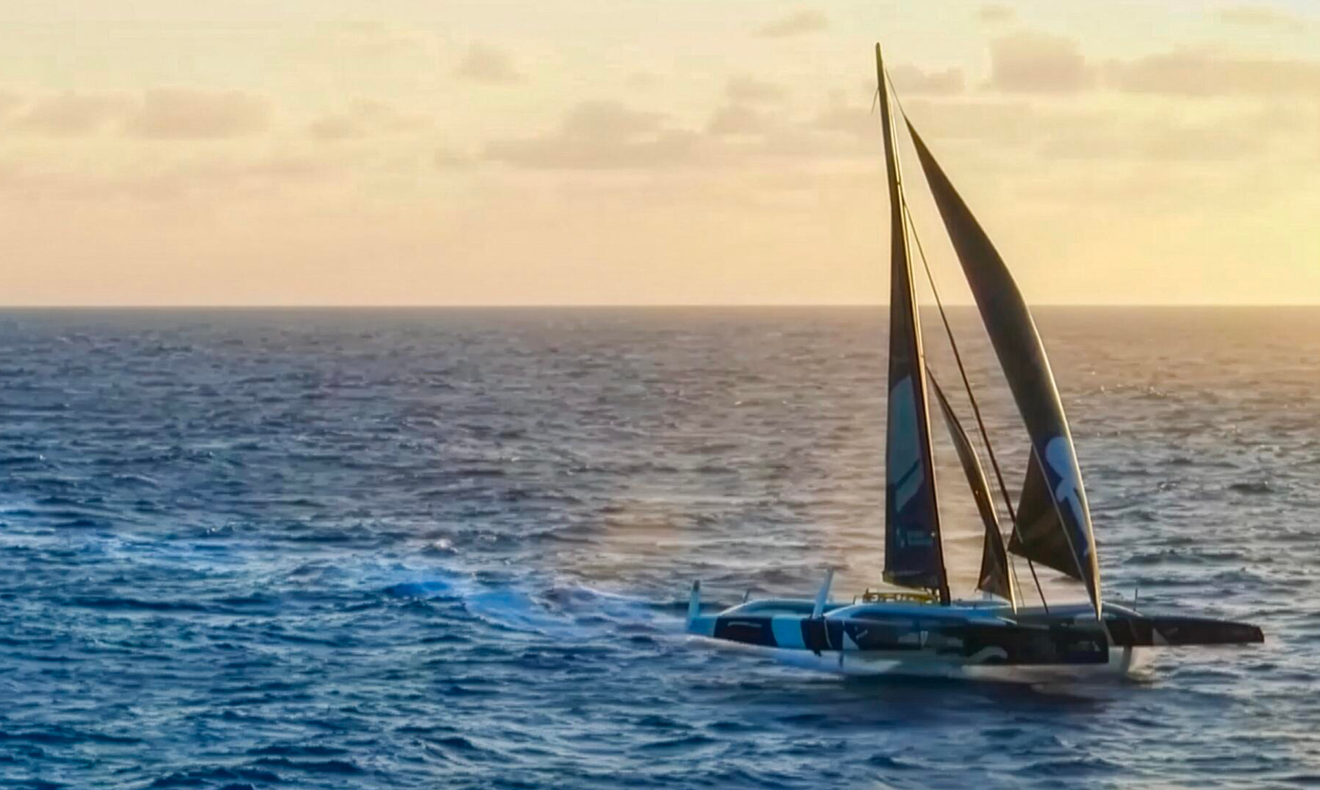 Catamaran qui vogue sur l'eau pendant un couché de soleil